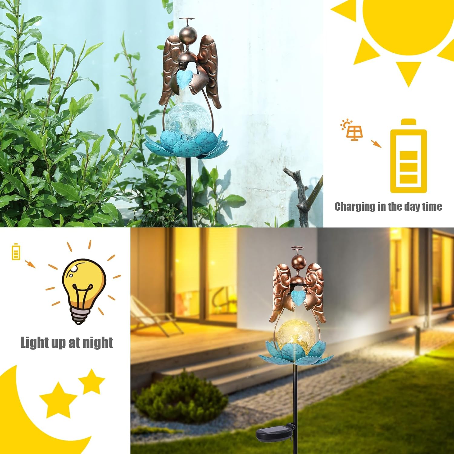 Solar Garden Lights Metal Flower Decor Colorful Solar Pathway Light with LED Cracked Crystal Ball Outdoor Decorative Stake for Patio Yard Lawn Garden Decor (Angel)
