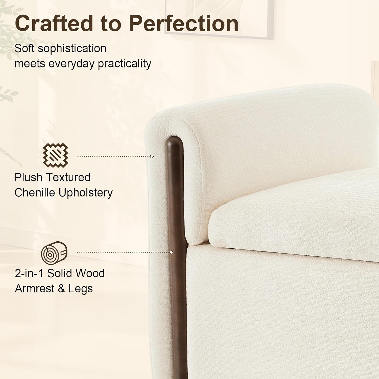 50.8 inch Storage Ottoman Bench with Armrests, Hidden Storage, Beige | End of Bed Bench, Bedroom Storage Bench , Chenille Upholstery, Solid Wood Legs, Entryway Bench, Living Room, Bedroom, Hallway