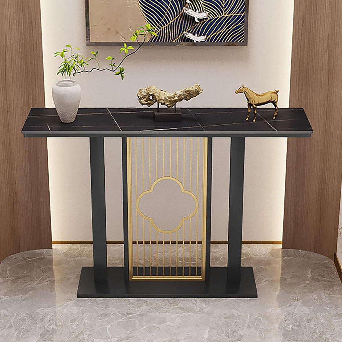 Entryway Accent Table with Metal Frame,Narrow Long Entryway Table with Thick Marble Tabletop,for Foyer Decor, Living Room Faux Marble Console Table,for Small Spaces(B,150cm/59in)