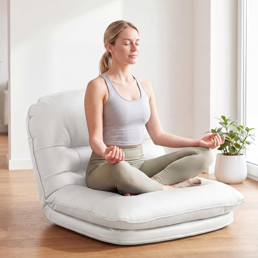 DUMOS Comfy Saucer Chair, Small Foldable Floor Chair, PU Leather | Adjustable Back Support, Bedroom, Living Room, Dorm Gaming, Small Spaces Apartment, Adults, Creamy White