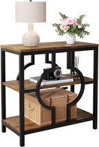 End Table, Narrow Side Table with 3-Tier Storage Shelves, Wood Sofa Side Table with Geometric Metal Frame for Living Room, Industrial Bedside Nightstand for Bedroom (1, Brown)