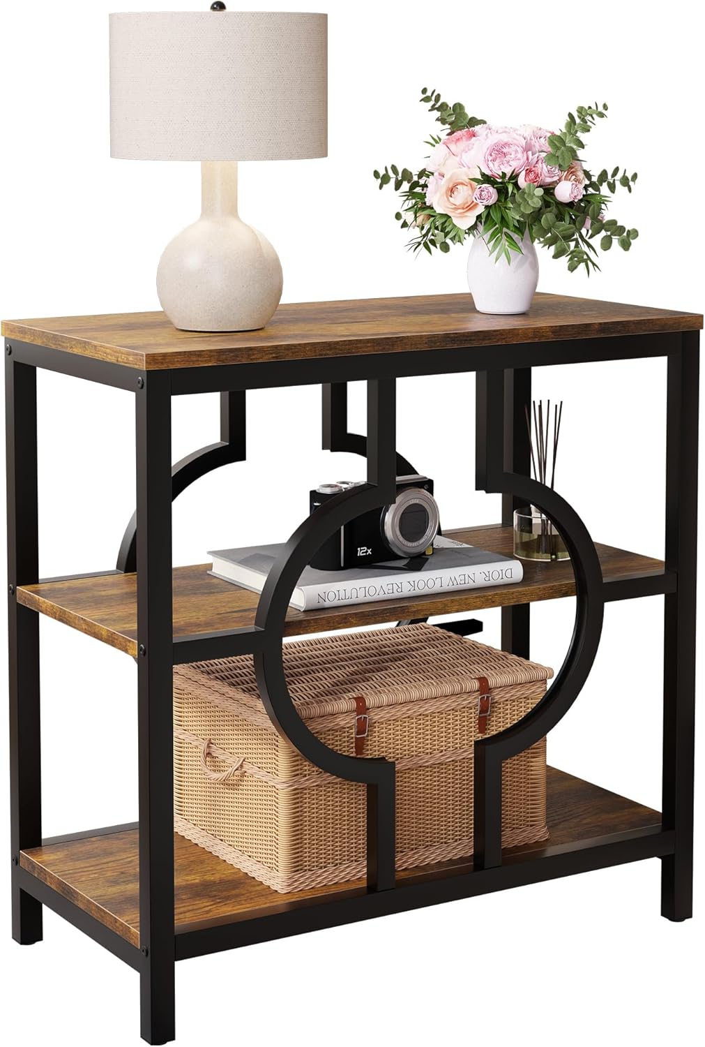 End Table, Narrow Side Table with 3-Tier Storage Shelves, Wood Sofa Side Table with Geometric Metal Frame for Living Room, Industrial Bedside Nightstand for Bedroom (1, Brown)