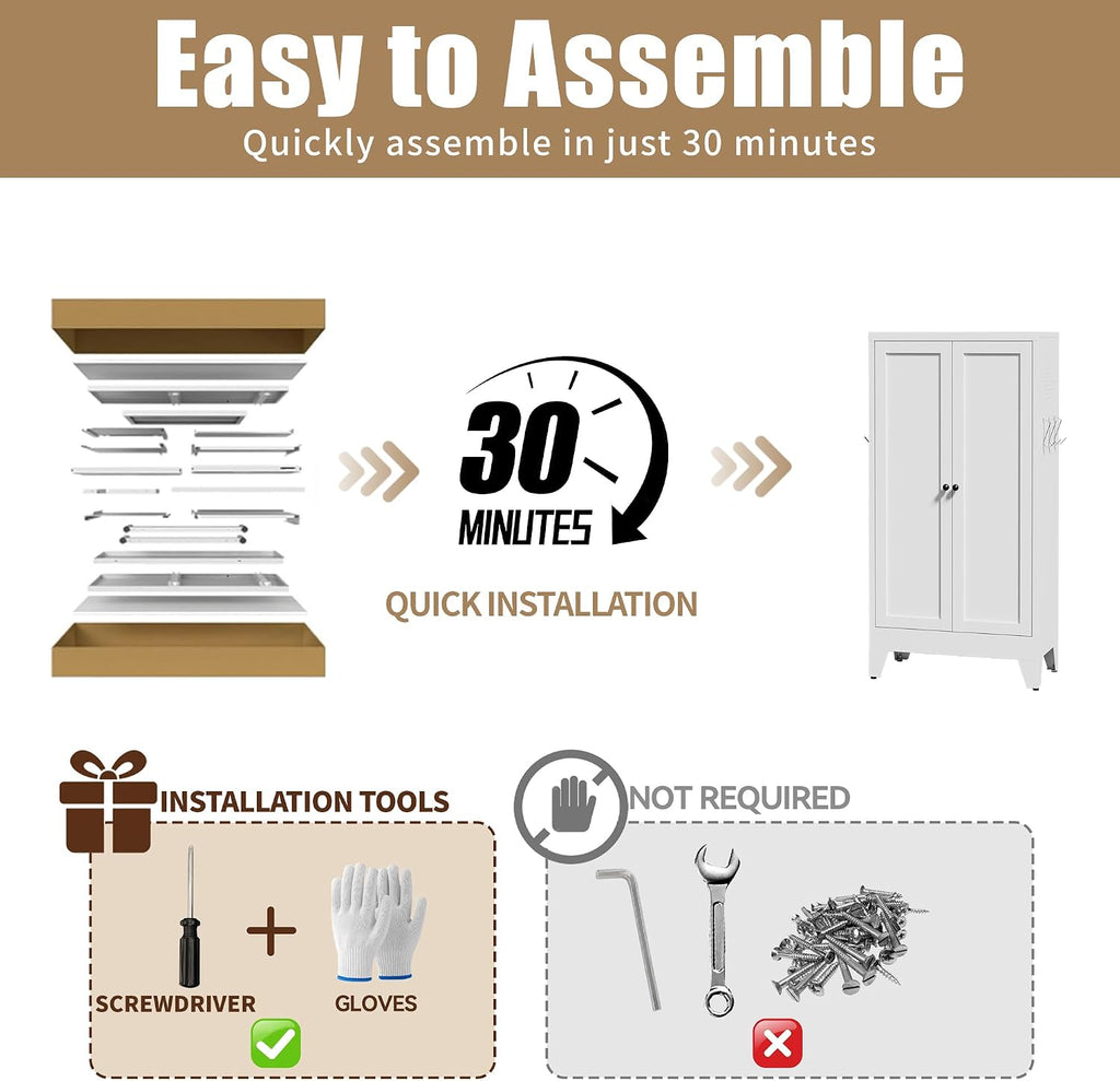47.3 Inch White Metal Pantry Cabinet Freestanding Storage Organizer with 3 Adjustable Shelves 110lb Per Shelf Heavy Duty Cabinet for Living Room