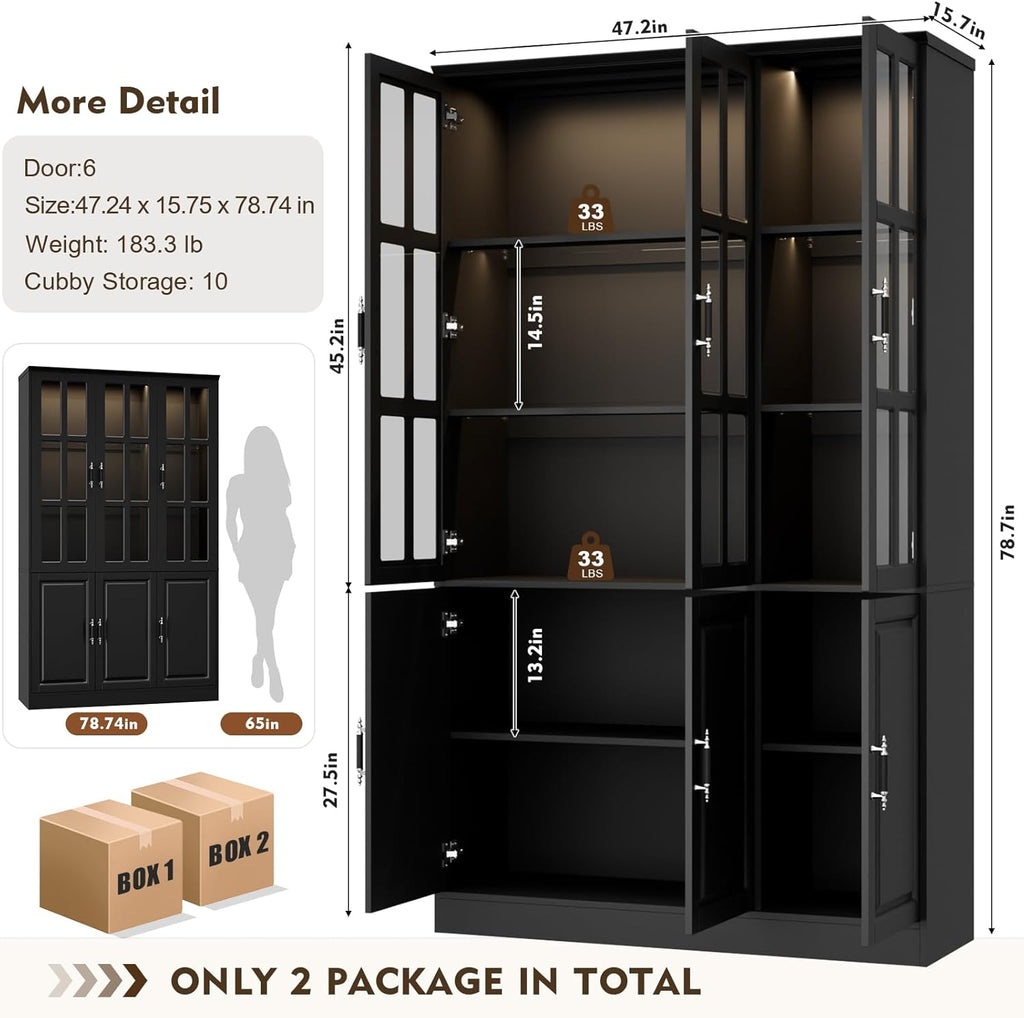 MEISSALIVVE 78.7" Kitchen Pantry Storage Cabinet with LED Lights, Tall Pantry Cabinet with Glass Doors, Kitchen Hutch Utility Pantry, Black (47.2" W x 15.7" D)