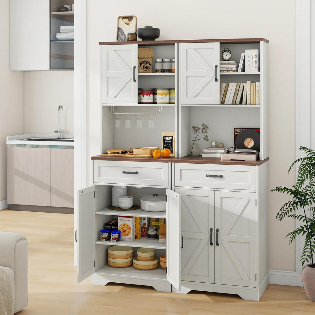 Vabches 68" Farmhouse Storage Cabinet with LED Light & Charging Station, Tall Kitchen Pantry Storage Cabinet with Storage Drawers, Coffee Bar with Hutch for Home Dining Living Room, Rustic White