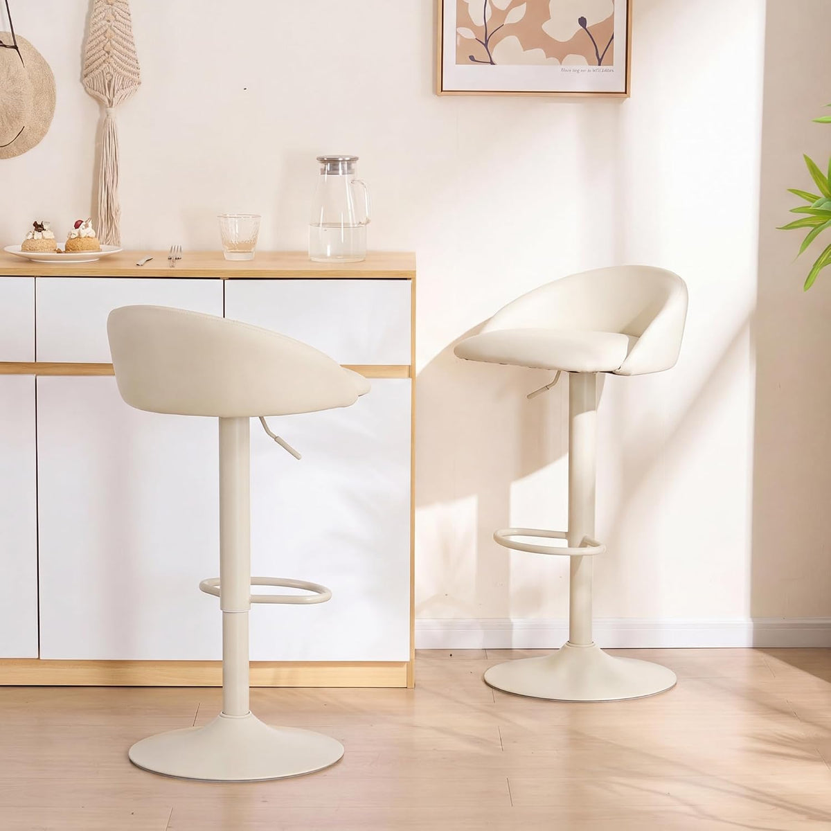 YOUNIKE Bar Stools Set of 2 Kitchen Bar Chair Counter Height Barstool Cream | Faux Leather Upholstered Modern Adjustable Swivel Padded Low Backs for Breakfast Island Mid-Century Load 300LBS