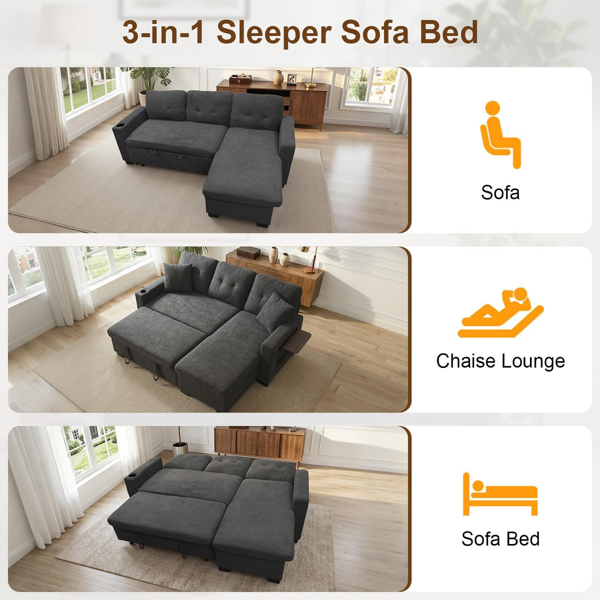 KCGKCG 82" L Shaped Sleeper Sofa Bed, Pull Out Couch Bed with Storage Chaise/Reclining Backrest, Sectional Couches for Living Room with USB Port, Foldable Table, Cup Holder, Side Pocket, Deep Grey