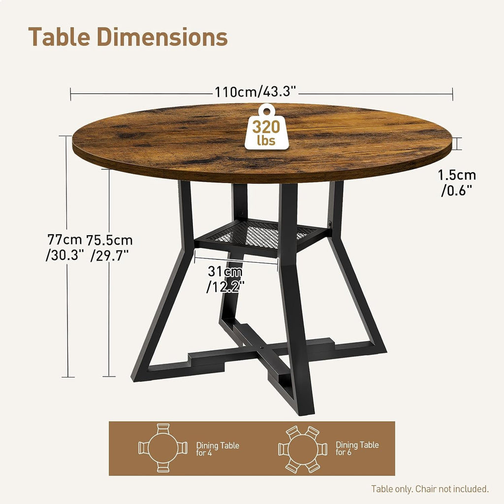 RALGEND Round Dining Table for 4-6, 43" Circle Dining Table with Wooden Tabletop, Kitchen Table with Storage & Weighted Base, Round Dinner Table for Kitchen, Living Room, Rustic Brown and Black