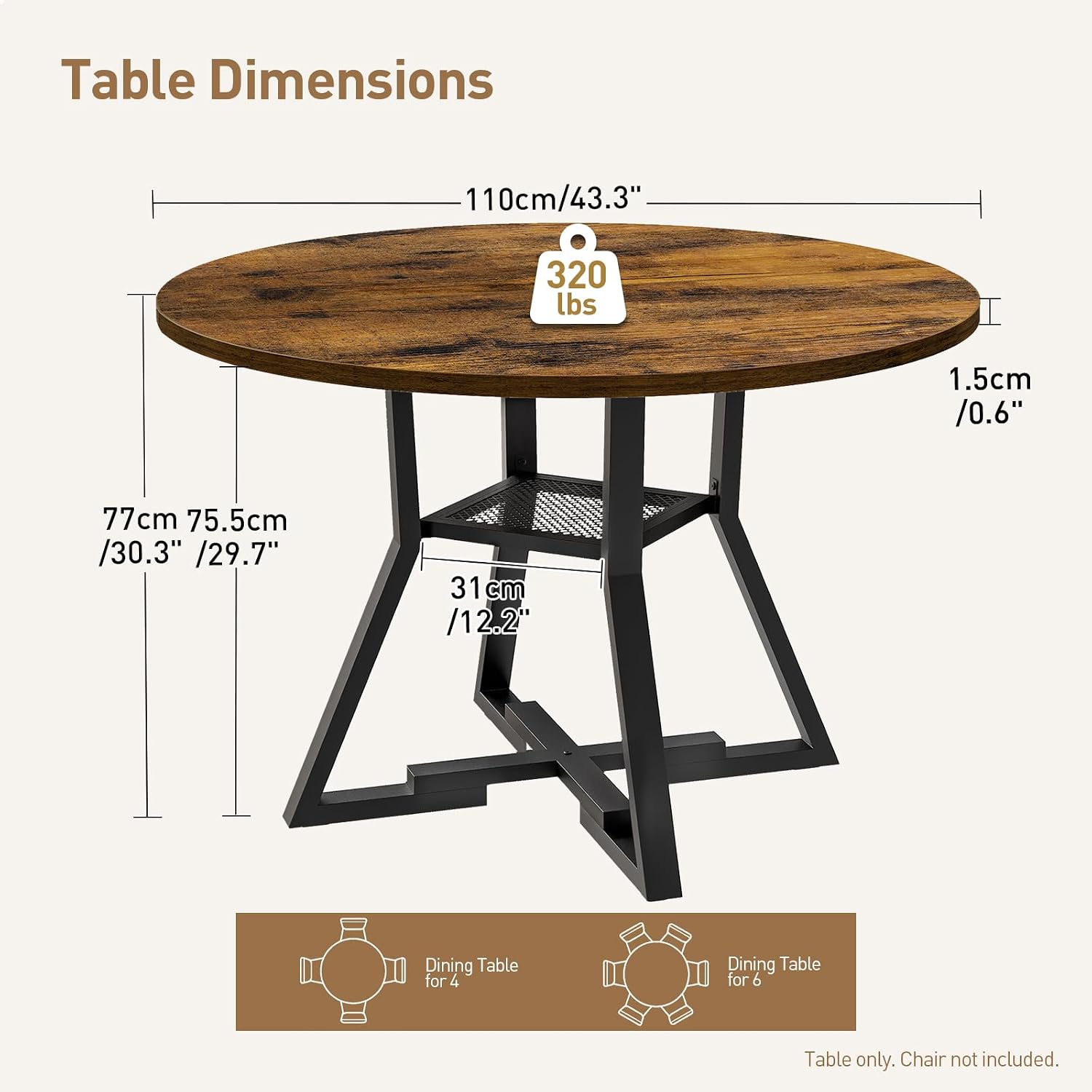 RALGEND Round Dining Table for 4-6, 43" Circle Dining Table with Wooden Tabletop, Kitchen Table with Storage & Weighted Base, Round Dinner Table for Kitchen, Living Room, Rustic Brown and Black