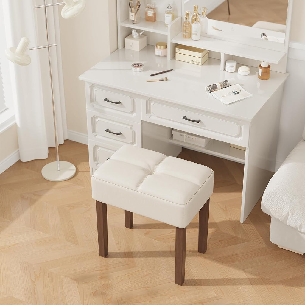 EOSVALO Leather Vanity Stool, 18.7 Inch Wide Rectangle Ottoman Bench for Makeup Room, Vanity Chair with Wood Legs for Piano Room, Bedroom,Living Room with Customizable (Cream)