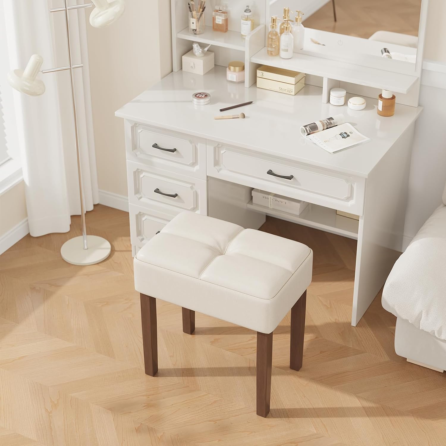 EOSVALO Leather Vanity Stool, 18.7 Inch Wide Rectangle Ottoman Bench for Makeup Room, Vanity Chair with Wood Legs for Piano Room, Bedroom,Living Room with Customizable (Cream)