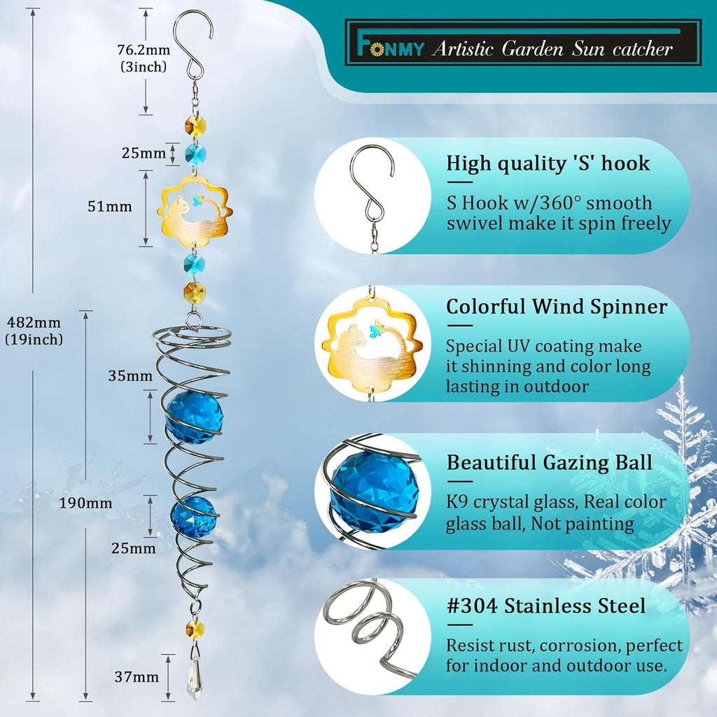 FONMY Cat Gazing Ball Spiral Tail Wind Spinner Sun Catcher Rainbow Maker Silver Spiral W/Blue K9 Crystal Ball Tree Hanging Ornament Indoor Outdoor Garden Decor. 19.5inch H
