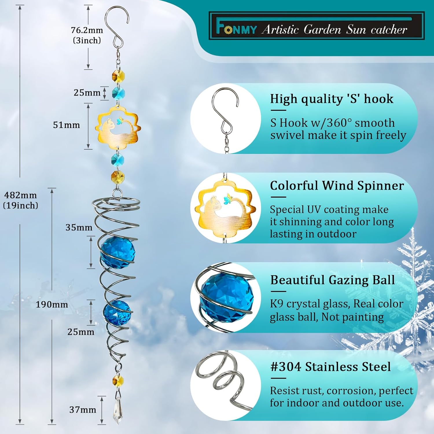 FONMY Cat Gazing Ball Spiral Tail Wind Spinner Sun Catcher Rainbow Maker Silver Spiral W/Blue K9 Crystal Ball Tree Hanging Ornament Indoor Outdoor Garden Decor. 19.5inch H
