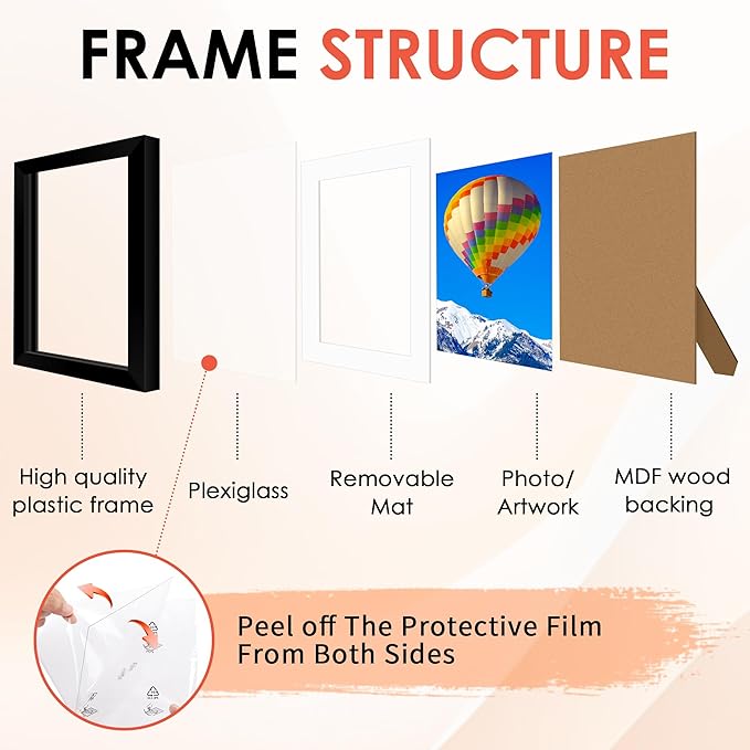 FIXSMITH 8x10 Picture Frame Set of 6, Black Photo Frames Bulk with HD Plexiglass, Display Pictures 5x7 with Mat or 8x10 Without Mat, Multi Picture Frames Collage for Tabletop or Wall Display
