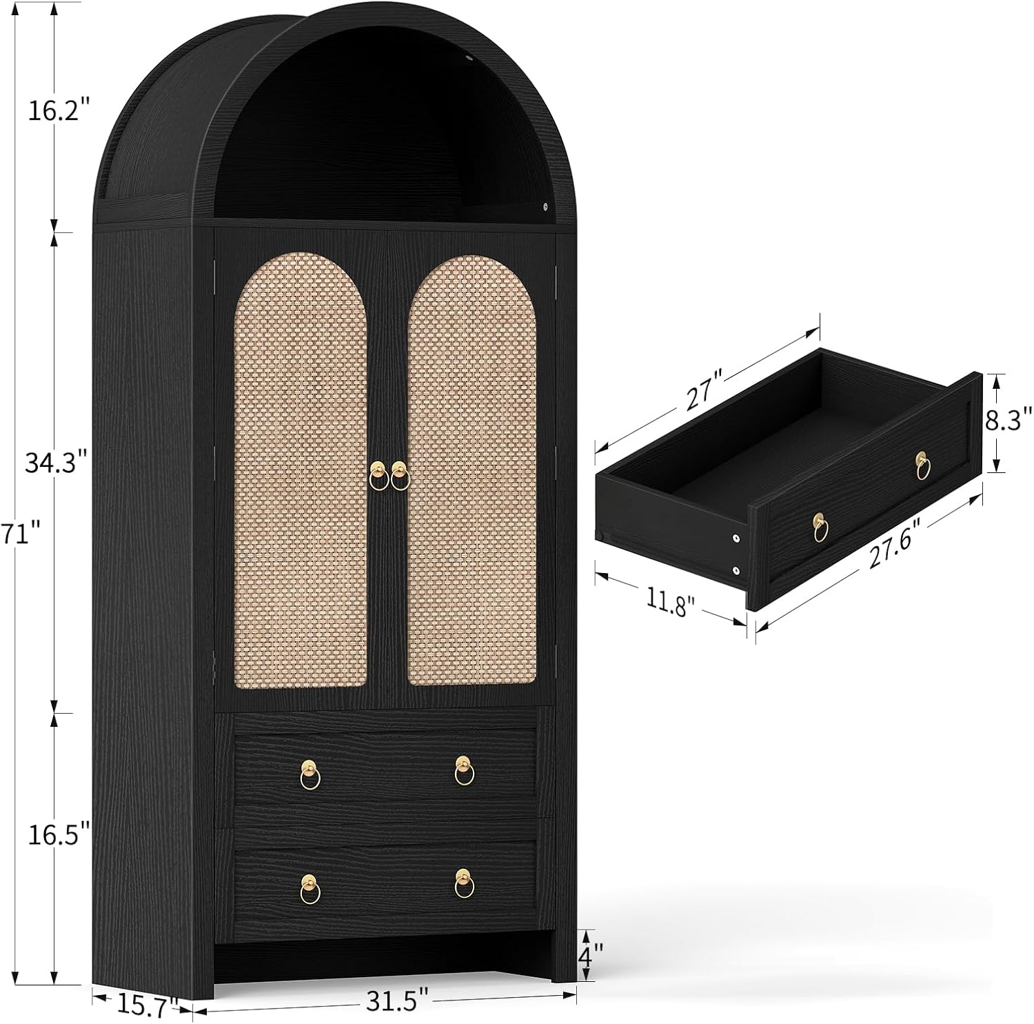 71" Arched Cabinet Kitchen Pantry Cabinet with Rattan Doors, Storage Cabinet with Drawers & Height Adjustable Shelves, Hutch Cabinets with Storage, Tall Arch Bookcase for Dining Room Kitchen, Black