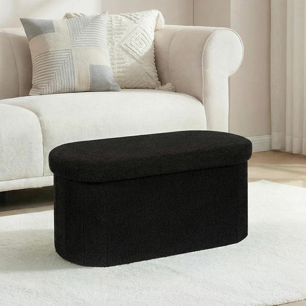 30 Inches Oval Ottoman with Storage, Boucle Sherpa Storage Ottoman Bench, Folding Foot Rest Chest for Bedroom Living Room