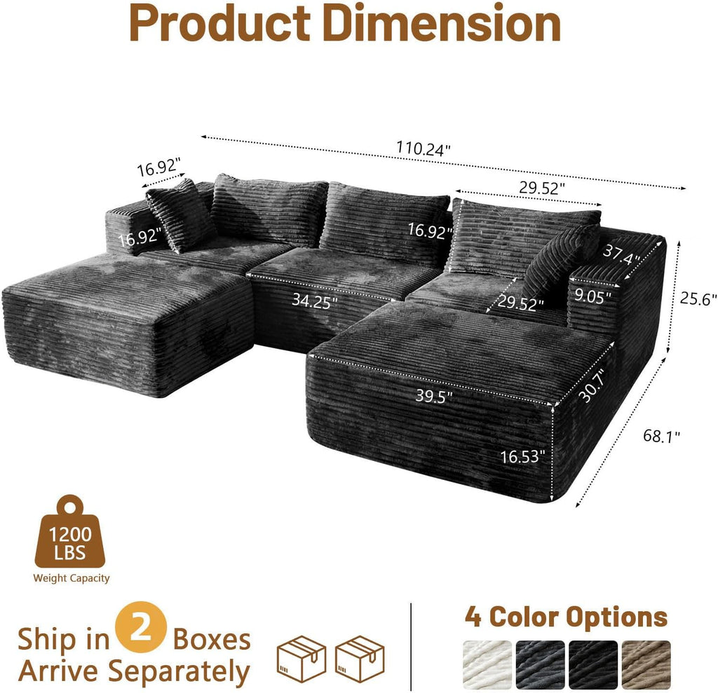 110" Modular Sectional Sofa with 2 Ottomans, U Shaped Cloud Couch for Living Room, Deep Seat Corduroy Floor Sofa, No Assembly Required, Compressed Couch, 5 Seat, Grey