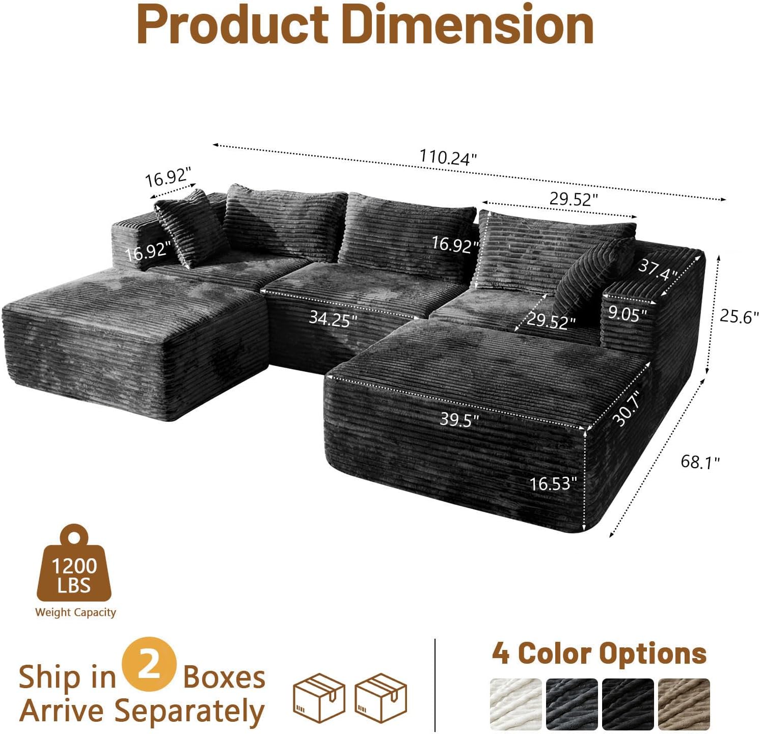 110" Modular Sectional Sofa with 2 Ottomans, U Shaped Cloud Couch for Living Room, Deep Seat Corduroy Floor Sofa, No Assembly Required, Compressed Couch, 5 Seat, Grey