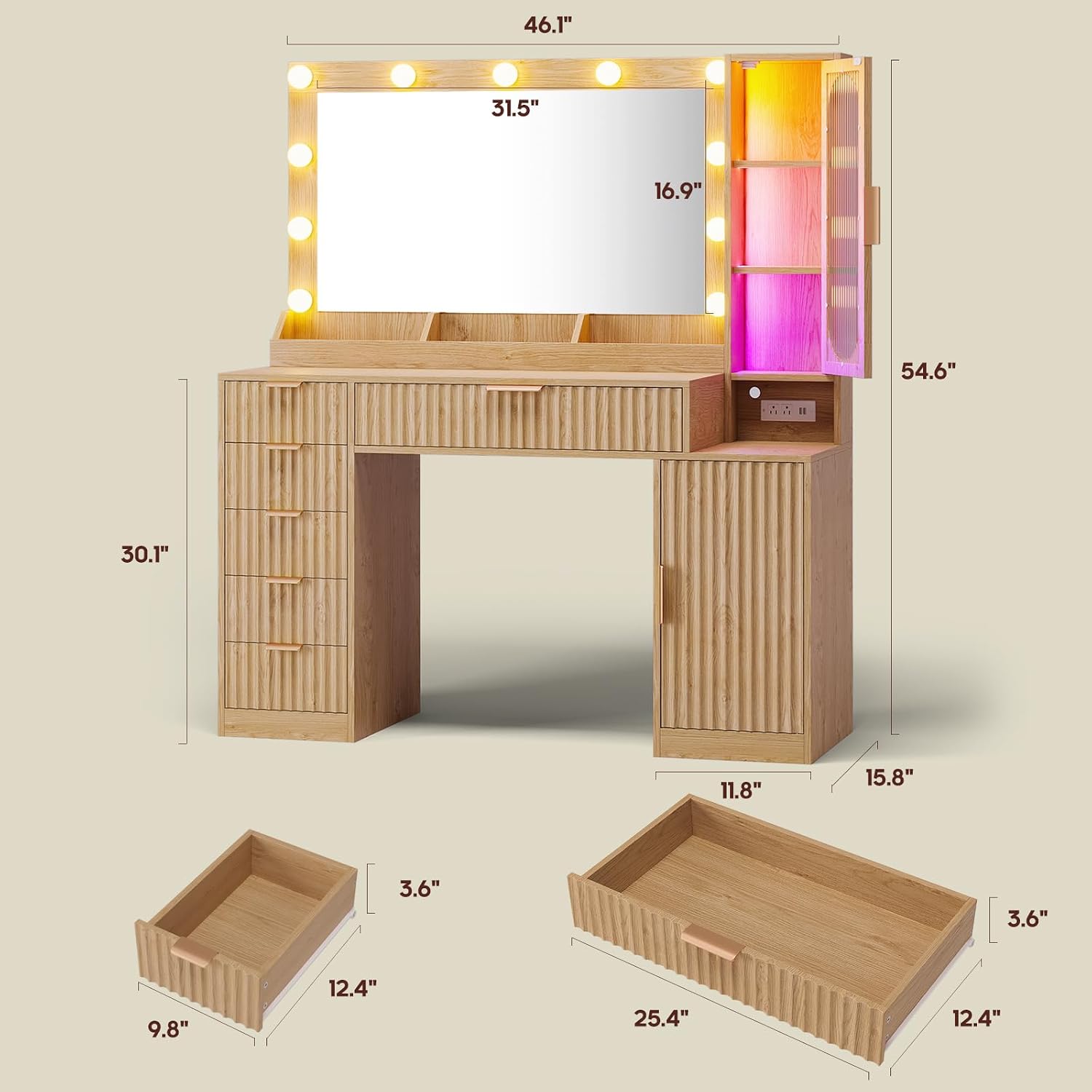 BTHFST Fluted Wood Vanity Desk with Large 31.5" Mirror and Lights, Oak | 46.1" Makeup Vanity with Charging Station, Glass Cabinet with RGB Lights, Dressing Table with 6 Drawers & Cabinet & Shelves
