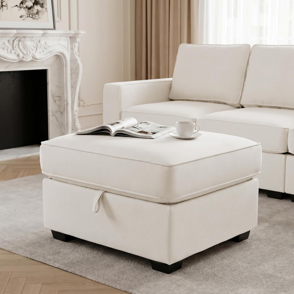 25.2" Storage Ottoman for Sofa, Modern Square Footrest with Removable Chenille Cover, Step Stool for Bedroom, Living Room, Beige