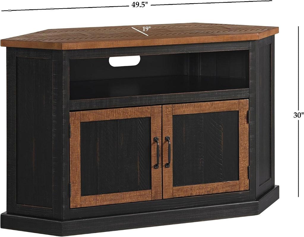 Martin Svensson Home Rustic Corner Solid Wood TV Stand, Black with Honey | Entertainment Center, for TVs up to 55", Two Door Cabinet, Open Storage shelf