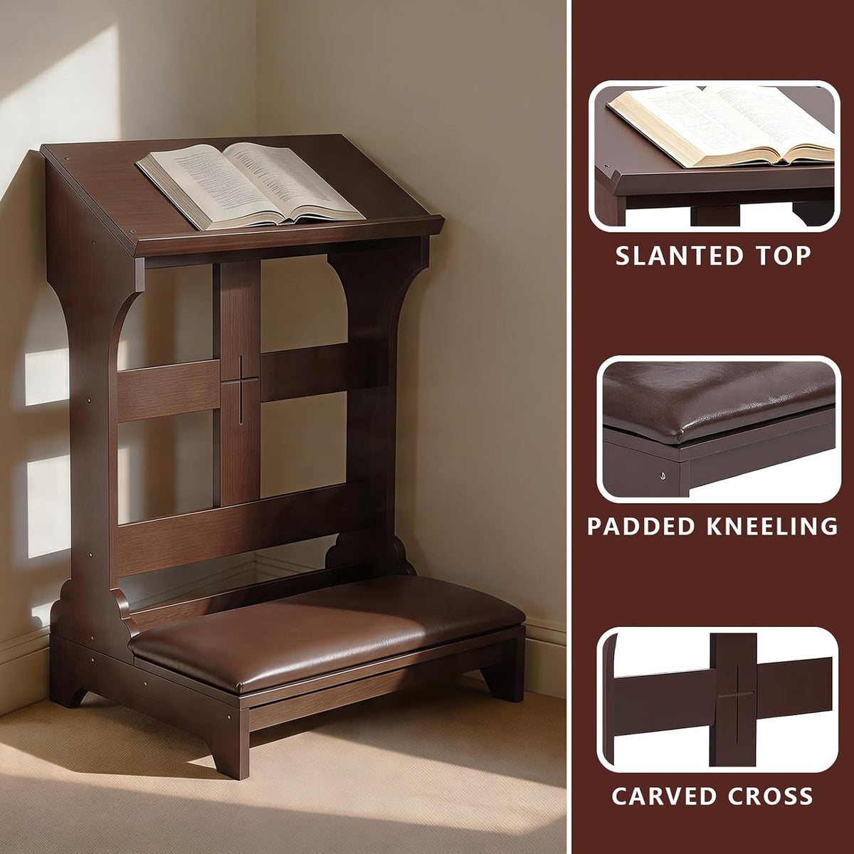 Kneeler for Prayer – Wooden Prayer Bench Kneeler, Padded Faux Leather Kneeling Pad, Space-Saving 23" L X 20" W for Home ChurcWorship Ebony