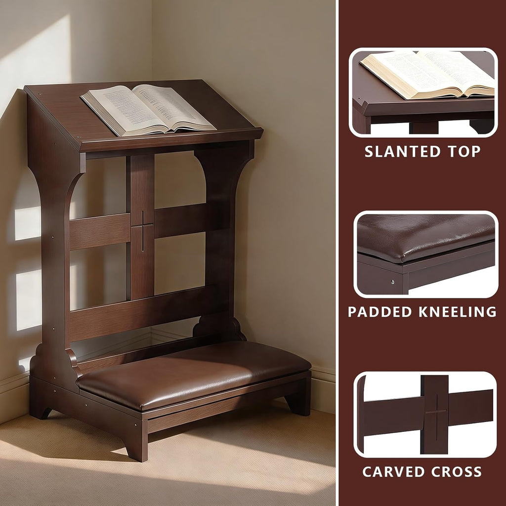 Prayer Kneeler with Built-in Tabletop – Solid Wood Prayer Bench, Faux Leather Cushion, Compact 23"x20"x32" for Home ChurcWorship Ebony