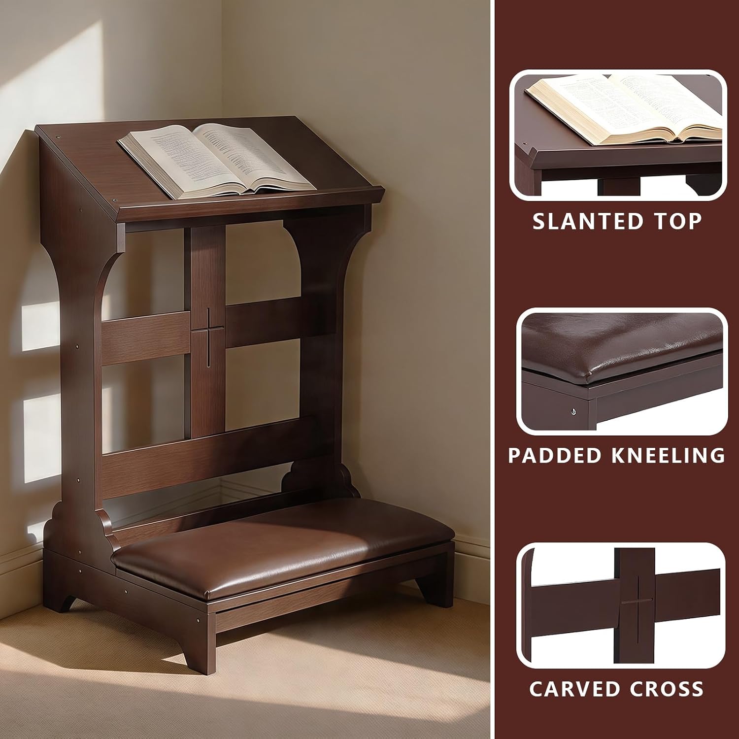 Prayer Kneeler with Built-in Tabletop – Solid Wood Prayer Bench, Faux Leather Cushion, Compact 23"x20"x32" for Home ChurcWorship Ebony