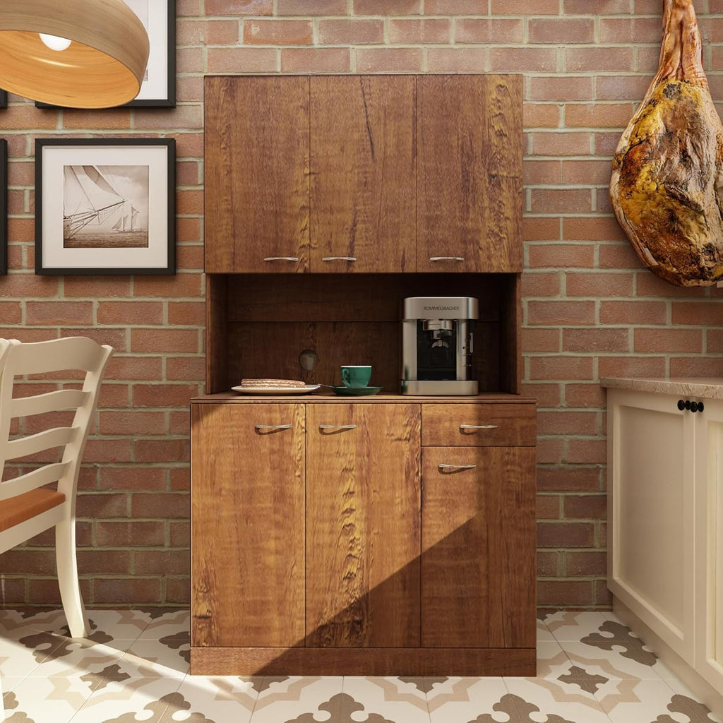 71" Kitchen Pantry Cabinets with Microwave Stand, 6 Doors & 3 Adjustable Shelves, Freestanding China Cabinet Hutch, Buffet Cabinet with Storage, Walnut