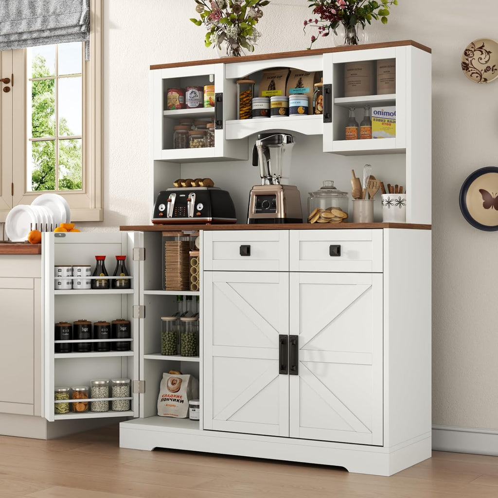 Gyfimoie 60" Tall Farmhouse Kitchen Pantry Storage Cabinet,Kitchen Hutch with Microwave Stand,Freestanding Buffet Pantry Cabinet with Glass Door and Adjustable Shelves for Dining Room (White)