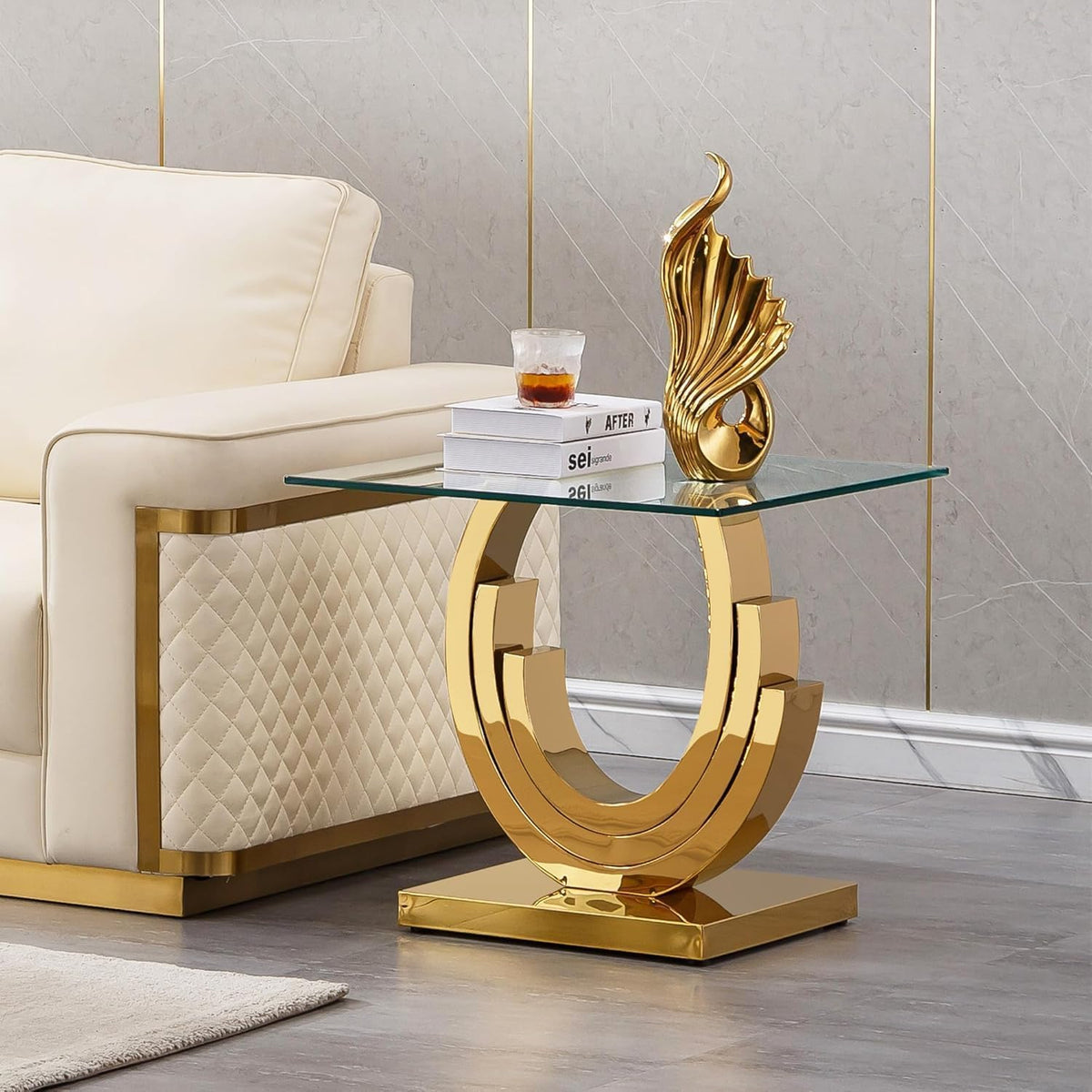 3 Piece Living Room Table Set, Rectangle Tempered Glass Coffee Table, End Tables, Console Table, Luxury Modern Clear Coffee Table Set of 3 with Gold Steel Base for Living Room, Apartment