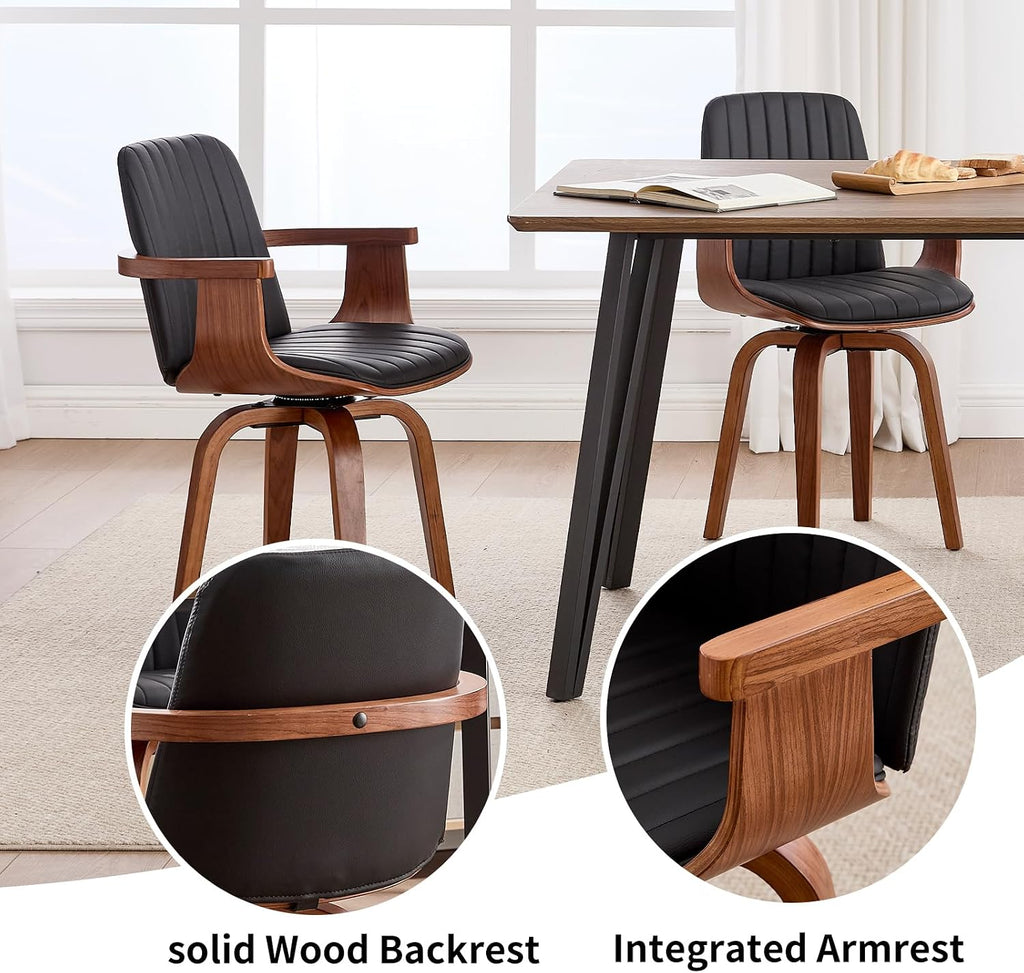 VipDesk Dining Chairs Set of 2 - Mid Century Modern Swivel Kitchen Chairs for Dining Room, Upholstered PU Leather Chairs with Wooden Arms and Legs, Black