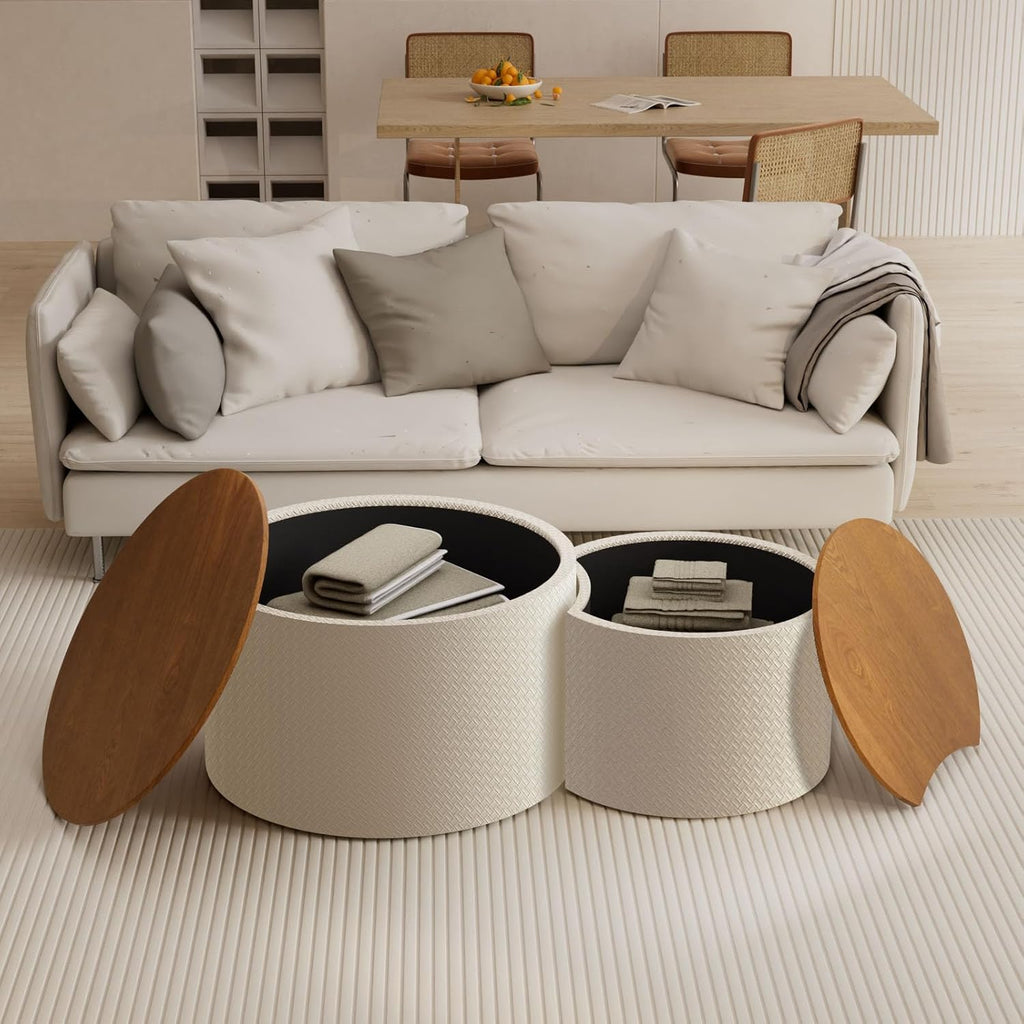 26.8" Nesting Round Coffee Table Set of 2 with Storage | Stackable Round Side End Table Nesting Set, White Upholstery, Wood Frame, Built-In Storage, For Small Living Space
