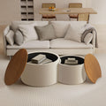 26.8" Nesting Round Coffee Table Set of 2 with Storage | Stackable Round Side End Table Nesting Set, White Upholstery, Wood Frame, Built-In Storage, For Small Living Space