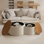 26.8" Nesting Round Coffee Table Set of 2 with Storage | Stackable Round Side End Table Nesting Set, White Upholstery, Wood Frame, Built-In Storage, For Small Living Space