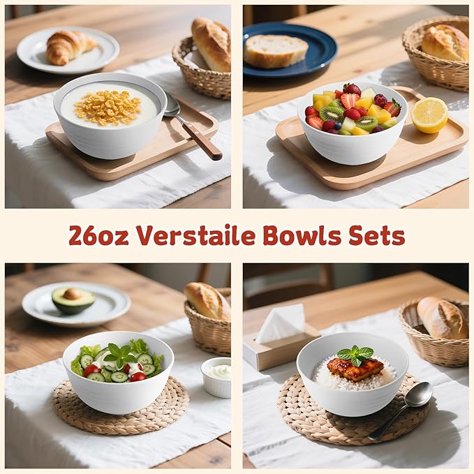 Wheat Straw Camping Bowls Sets of 6,Unbreakable 26oz Lightweight Bowls Sets for Outdoors Activity,Breakfast Bowls for Cereal and Salad.White Series