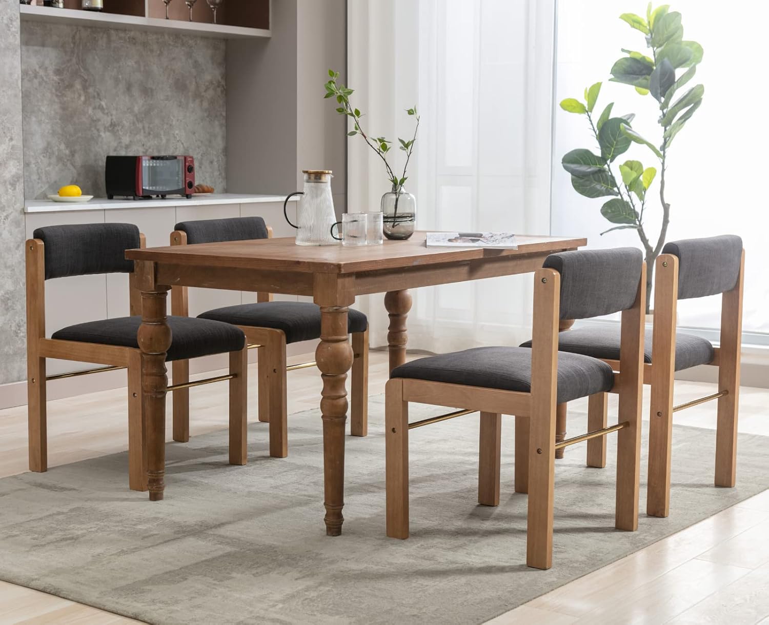 CIMOTA Black Dining Chairs Set of 4, Mid Century Modern Upholstered Dining Room Chairs with Wood Frame/Adjustable Back for Kitchen, Charcoal Black/Linen Fabric