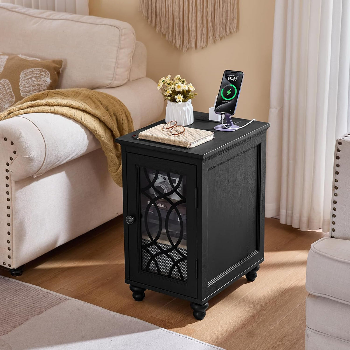 Joaxswe Narrow Side Table with Charging Station Set of 2, Night Stand with Glass Door,Bedside End Tables with Adjustable Shelf Storage Cabinet,Wood Nightstand for Small Spaces Living Room Bedroom