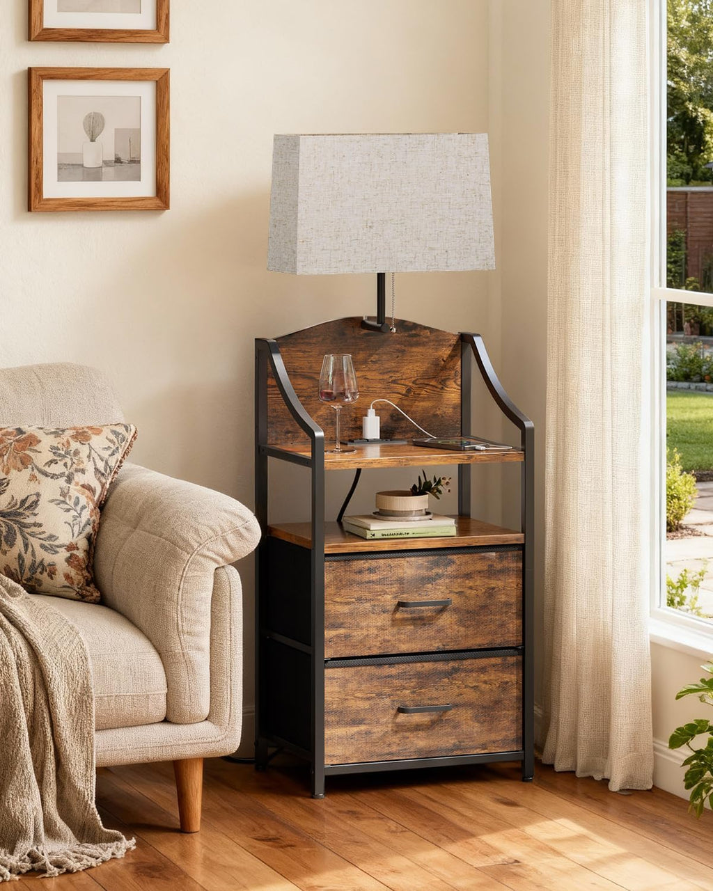Evermagin 45" Nightstands, Tall Nightstand with Charging Station & Light | Bedside Table with 2 Fabric Drawer & Storage Shelf, End Table with USB Ports and Outlets for Bedroom, Dorm, Rustic Brown