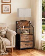 Evermagin 45" Nightstands, Tall Nightstand with Charging Station & Light | Bedside Table with 2 Fabric Drawer & Storage Shelf, End Table with USB Ports and Outlets for Bedroom, Dorm, Rustic Brown