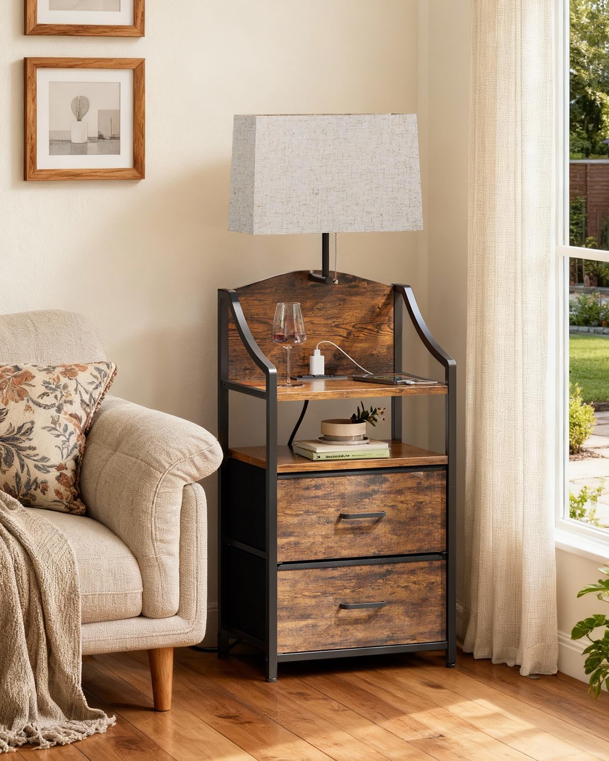 Evermagin 45" Nightstands, Tall Nightstand with Charging Station & Light | Bedside Table with 2 Fabric Drawer & Storage Shelf, End Table with USB Ports and Outlets for Bedroom, Dorm, Rustic Brown