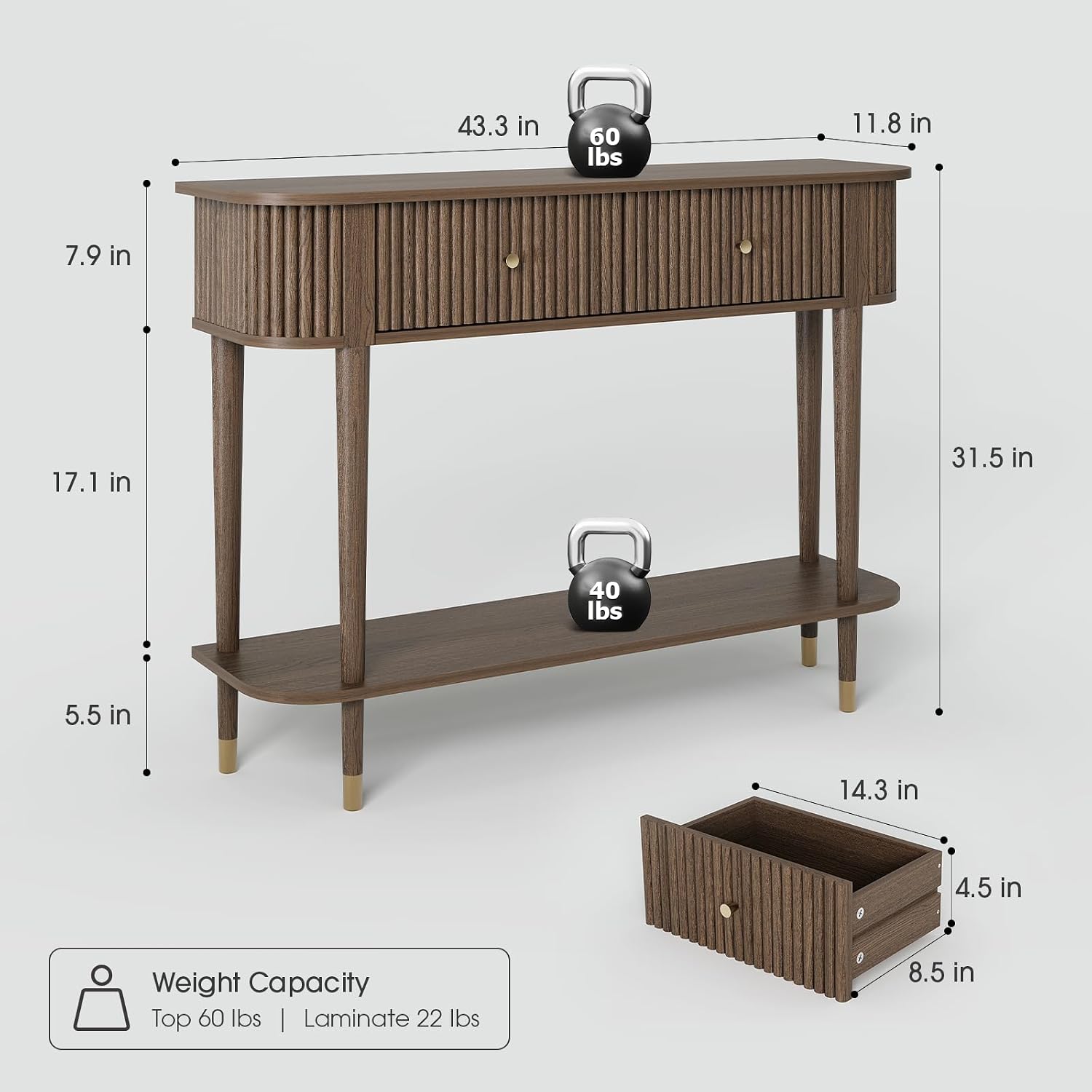 JOINICE 43" Entryway Table with Drawers,Fluted Console Table with Storage Shelf,Narrow Sofa Table for Living Room,Hallway,Foyer,Walnut