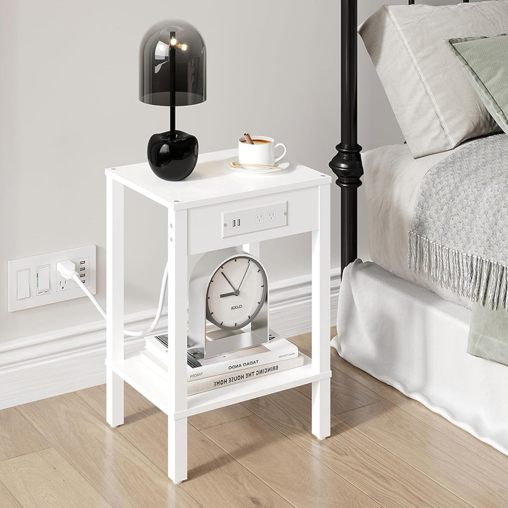 MMEOLUOOK End Table with Charging Station, Sofa Side Table Set of 2, 2-Tier Storage Shelf for Small Space, Nightstands for Living Room Bedroom Bedside Tables White MLBZ14WE-2