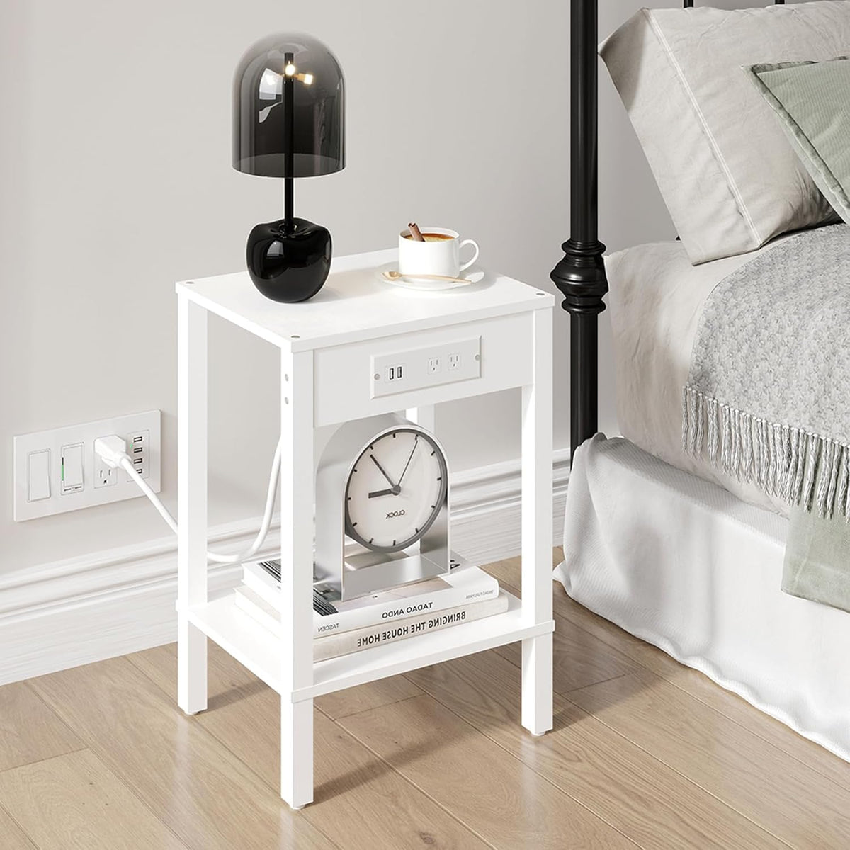 MMEOLUOOK End Table with Charging Station, Sofa Side Table Set of 2, 2-Tier Storage Shelf for Small Space, Nightstands for Living Room Bedroom Bedside Tables White MLBZ14WE-2