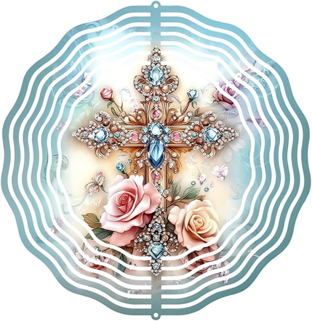 Cross Flower Wind Spinner, Metal Wind Spinners Outdoor/Indoor, God Cross Hanging Garden Decor for Outside, Stainless Wind Spinners for Yard and Garden 10 inch 3D (25.76X25 CM)