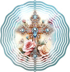 Cross Flower Wind Spinner, Metal Wind Spinners Outdoor/Indoor, God Cross Hanging Garden Decor for Outside, Stainless Wind Spinners for Yard and Garden 10 inch 3D (25.76X25 CM)