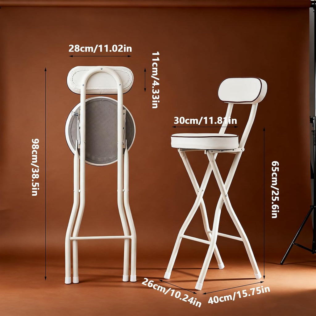 2 Pcs Folding Bar Stool with Backrest & Footrest 25.6in Height Tall Foldable Stool Chair Leather Padded for Kitchen Bar Shop 275.58 lbs Capacity White