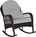 Tangkula Outdoor Wicker Rocking Chair, Patio Rattan Rocker with Seat Back Cushions & Waist Pillow, Sturdy Metal Frame, Mix Brown Outdoor Rocker for Balcony, Porch, Backyard
