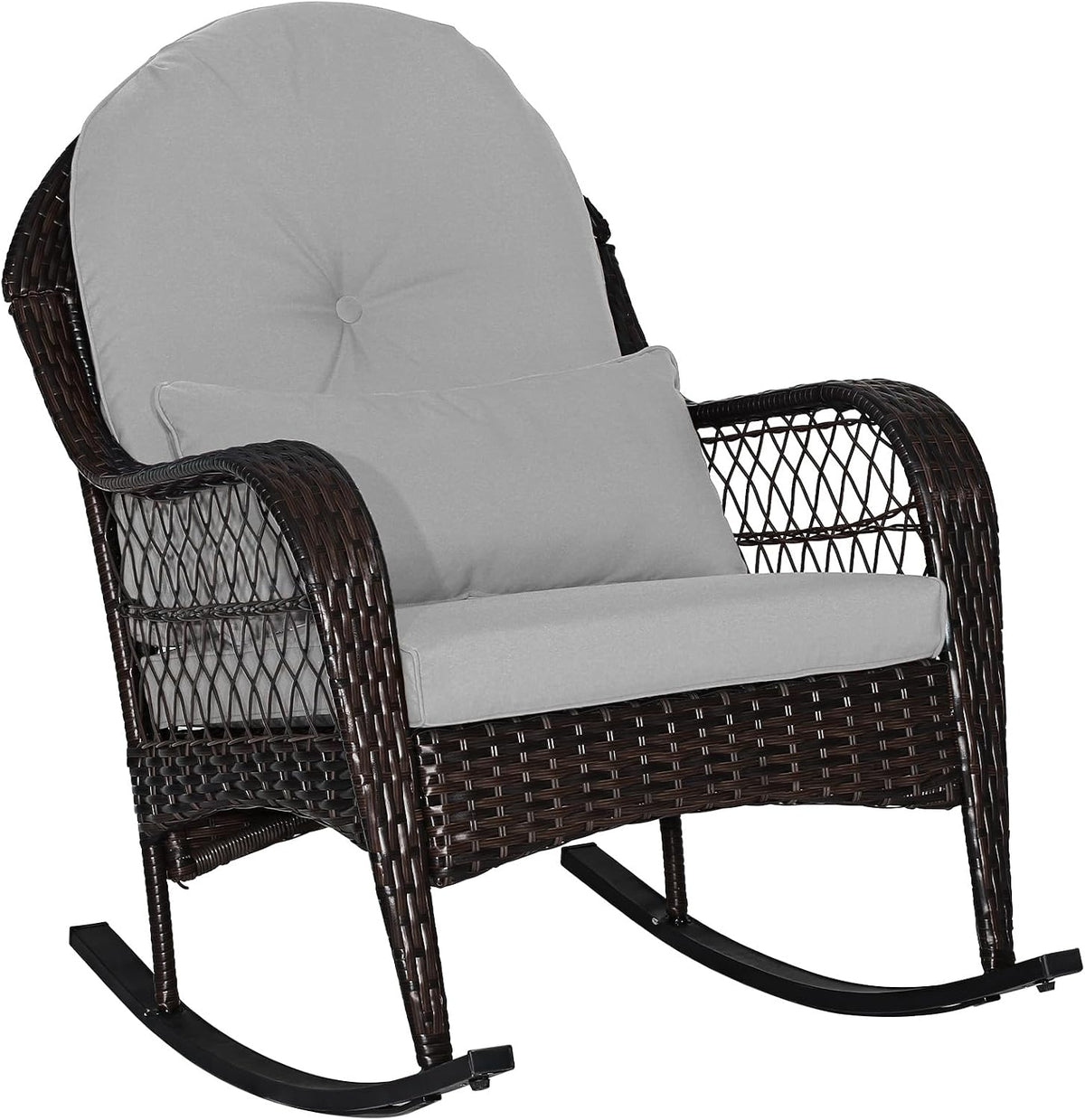 Tangkula Outdoor Wicker Rocking Chair, Patio Rattan Rocker with Seat Back Cushions & Waist Pillow, Sturdy Metal Frame, Mix Brown Outdoor Rocker for Balcony, Porch, Backyard