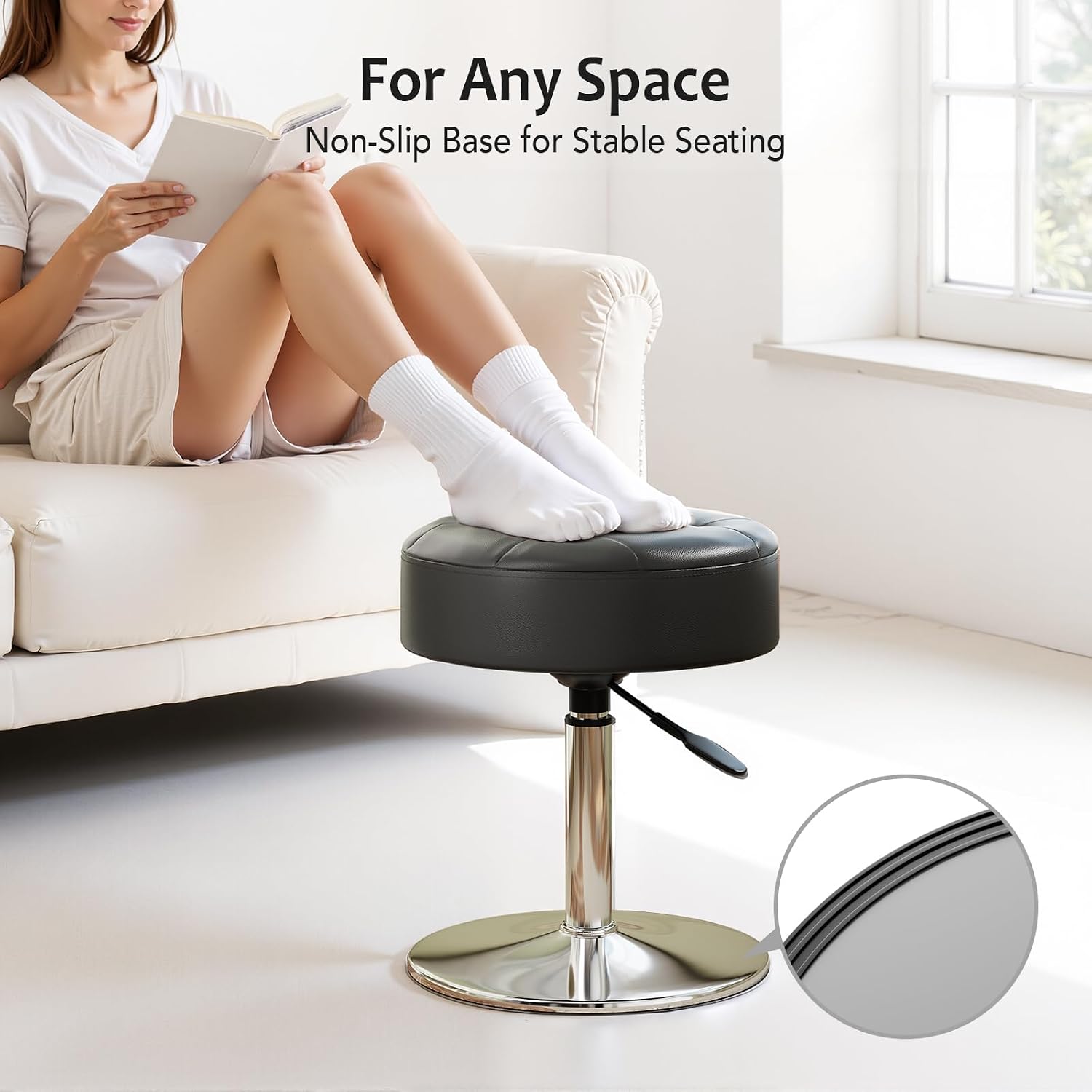 Youtanic Vanity Stool with Adjustable Height, 360°Swivel Ottoman Chair for Adults, Round Padded Makeup Stool with Stable Support for Vanity Bedroom, Bathroom, Dorm, Black